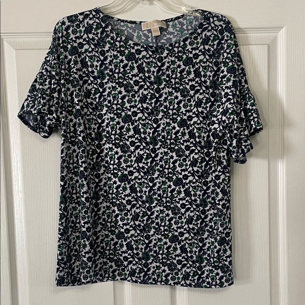 Michael Kors Navy and Green Floral Blouse L